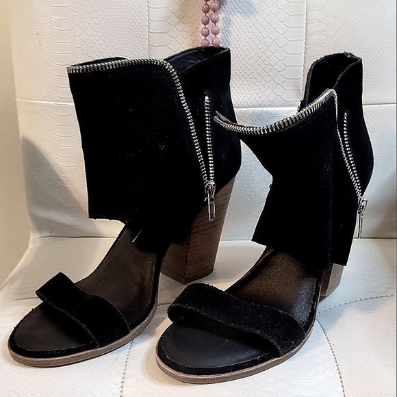 STYLISH OPEN TOE BLOCK HEEL SUEDE BOOTIE ZIPPER ACCENTS GREAT CONDITION - Picture 1 of 12